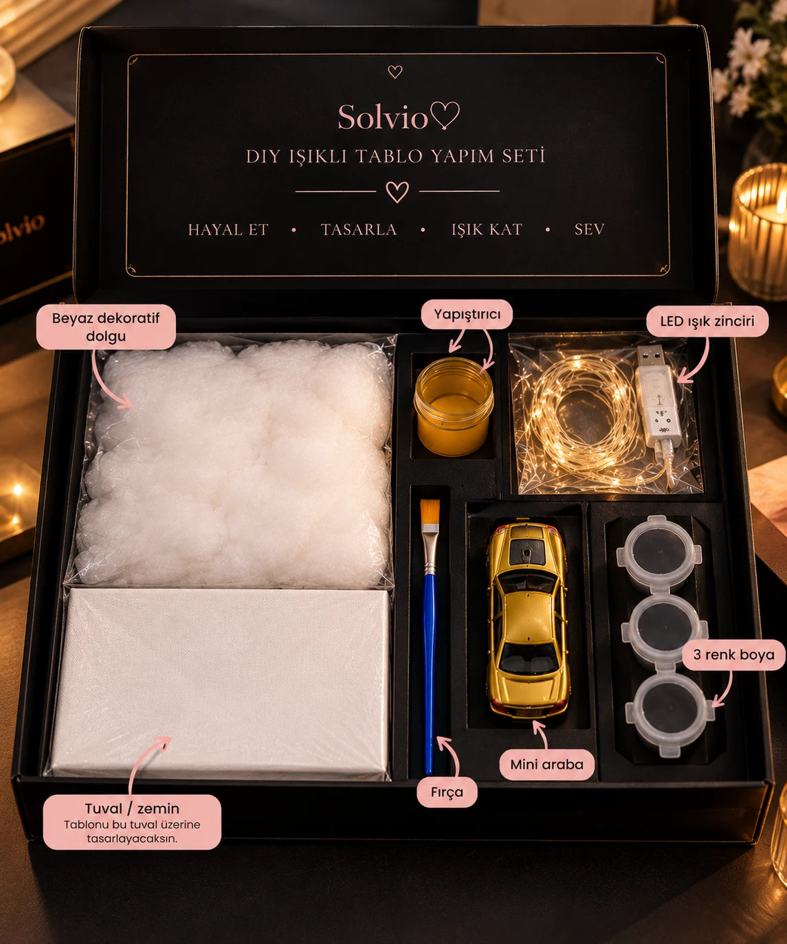 Solvio DIY ışıklı kalp tablo seti kutu içeriği: tuval, beyaz dekoratif dolgu, yapıştırıcı, fırça, LED ışık zinciri, mini araba ve 3 renk boya